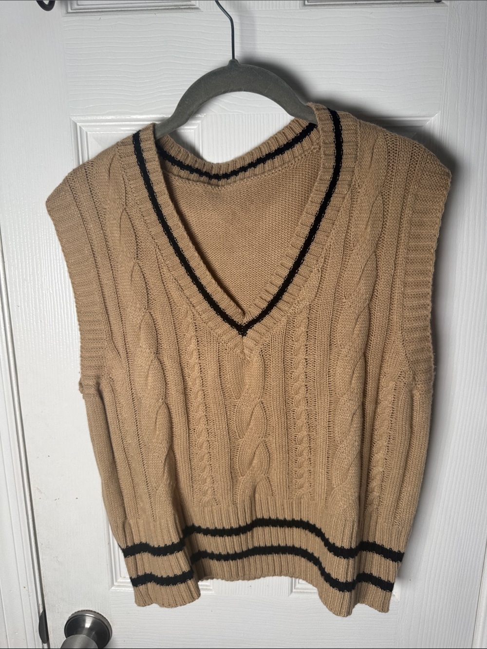 Camel Cable Knit V-Neck Sweater Vest with Black Trim